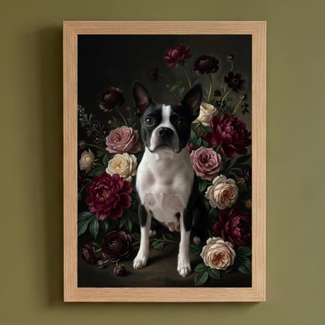 犬（ボストンテリア）の花に囲まれた油絵風アート A4額装インテリア壁掛け