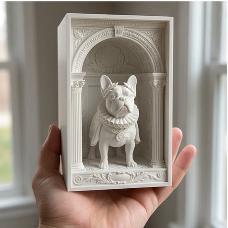 犬（フレンチブルドッグ）の3Dプリント ブックヌーク 白PLA 本棚インテリア