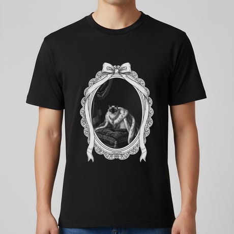 猫（バリニーズ）半袖Tシャツ ルネサンス風モノクロアート ブラック 男女兼用