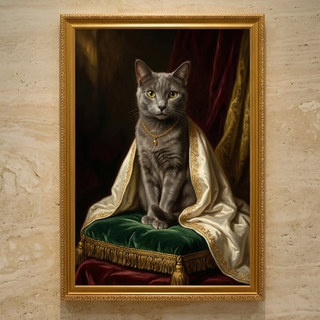 猫（シャルトリュー）のルネサンス風肖像画 油絵風アートA3額装インテリア壁掛け