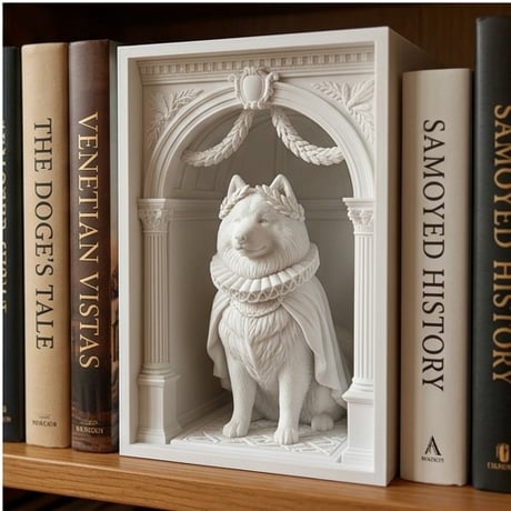 犬（サモエド）の3Dプリント ブックヌーク 白PLA 本棚インテリア