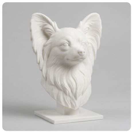 犬（パピヨン）の3Dプリント胸像 白PLA 彫刻 置物 インテリア
