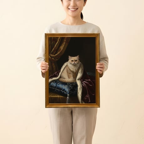 猫（チンチラペルシャ）のルネサンス風肖像画 油絵風アートA3額装インテリア壁掛け