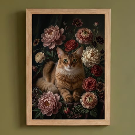 猫（ソマリ）の花に囲まれた油絵風アート A4額装インテリア壁掛け
