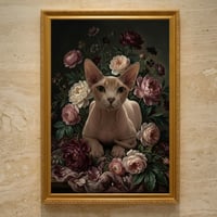 猫（スフィンクス）の花に囲まれた油絵風アート A3額装インテリア壁掛け