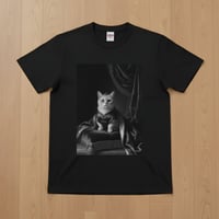 猫（マンチカン）半袖Tシャツ ルネサンス風モノクロアート ブラック 男女兼用