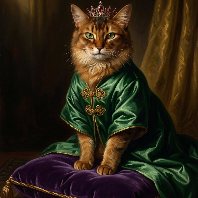 猫（アビシニアン）のルネサンス風肖像画 油絵風アートA4額装