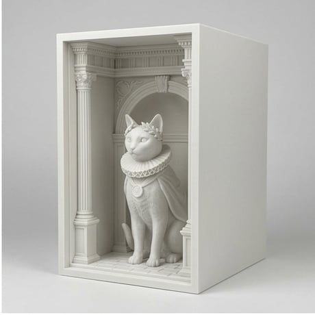 猫（ロシアンブルー）の3Dプリント ブックヌーク 白PLA 本棚インテリア
