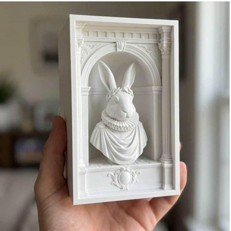 うさぎ（フレンチアンゴラ）の3Dプリント ブックヌーク 白PLA 本棚