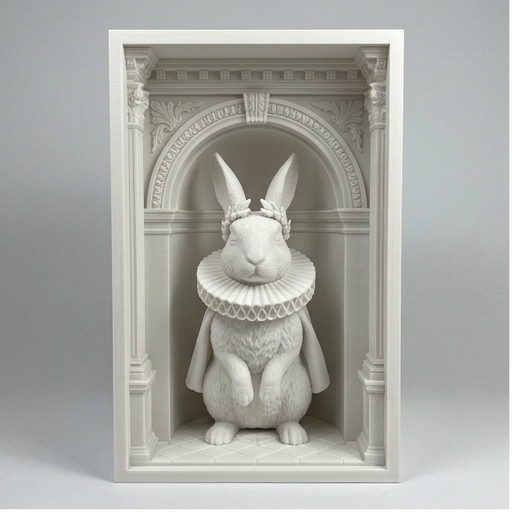 うさぎ（ハーレクイン）の3Dプリント ブックヌーク 白PLA 本棚