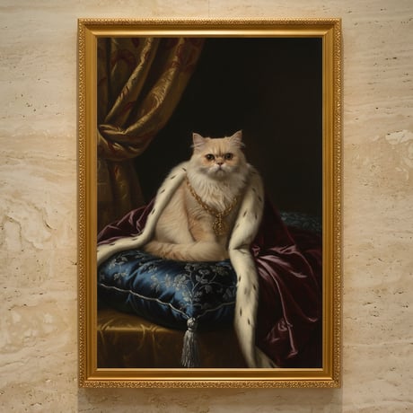 猫（チンチラペルシャ）のルネサンス風肖像画 油絵風アートA3額装インテリア壁掛け