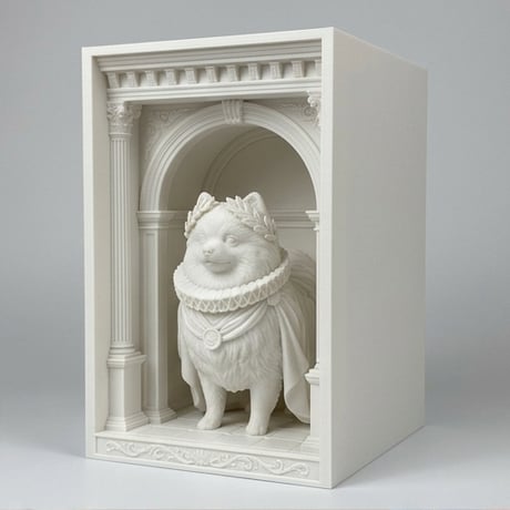 犬（ポメラニアン）の3Dプリント ブックヌーク 白PLA 本棚インテリア