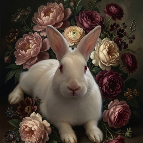 うさぎ（ニュージーランドホワイト）の花の油絵風アート A4額装インテリア壁掛け