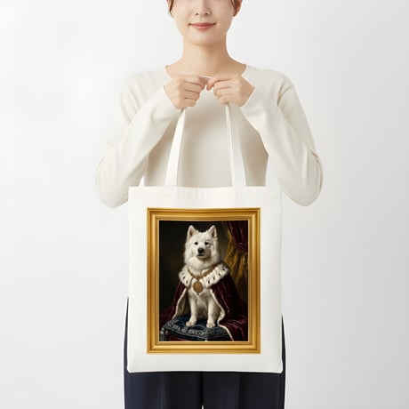 犬（サモエド）トートバッグ ルネサンス風カラーアート 金縁フレーム