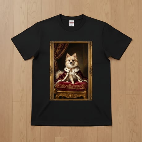 犬（ポメラニアン）半袖Tシャツ ルネサンス風カラーアート ブラック 男女兼用