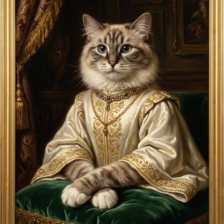 猫（ラグドール）のルネサンス風肖像画 油絵風アートA3額装インテリア壁掛け