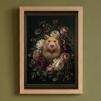 ハムスター（ゴールデンハムスター）の花の油絵風アート A4額装インテリア壁掛け
