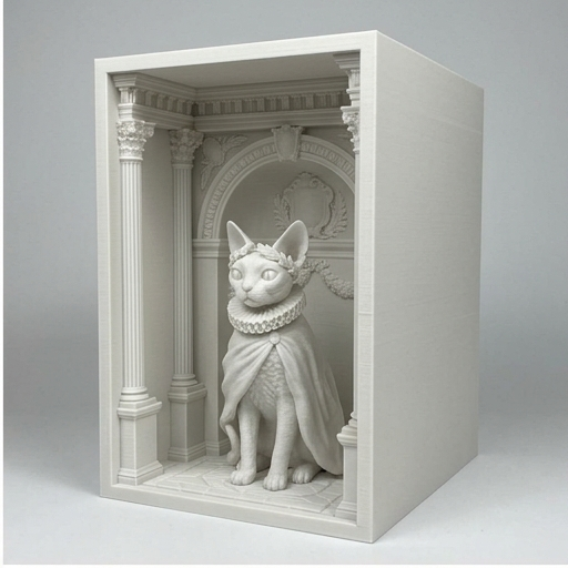 猫（デボンレックス）の3Dプリント ブックヌーク 白PLA 本棚インテリア