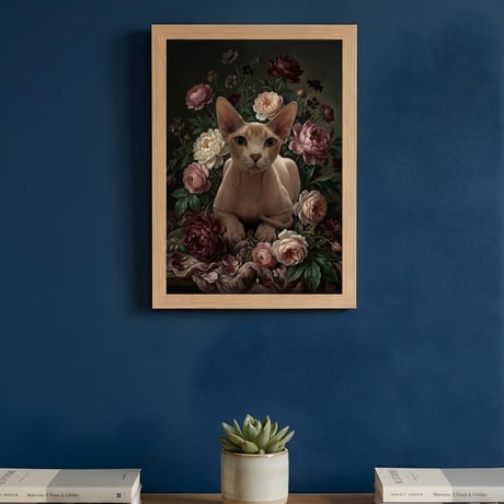 猫（スフィンクス）の花に囲まれた油絵風アート A4額装インテリア壁掛け