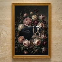 犬（ボストンテリア）の花に囲まれた油絵風アート A3額装インテリア壁掛け
