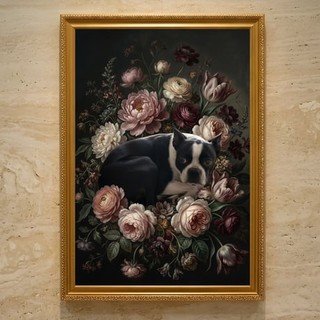 犬（ボストンテリア）の花に囲まれた油絵風アート A3額装インテリア壁掛け