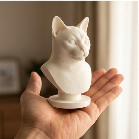 猫（ジャパニーズボブテイル）の3Dプリント胸像 白PLA 彫刻 置物 インテリア