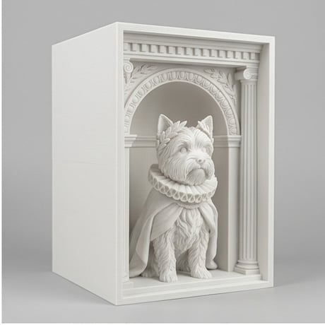 犬（ヨークシャーテリア）の3Dプリント ブックヌーク 白PLA 本棚インテリア