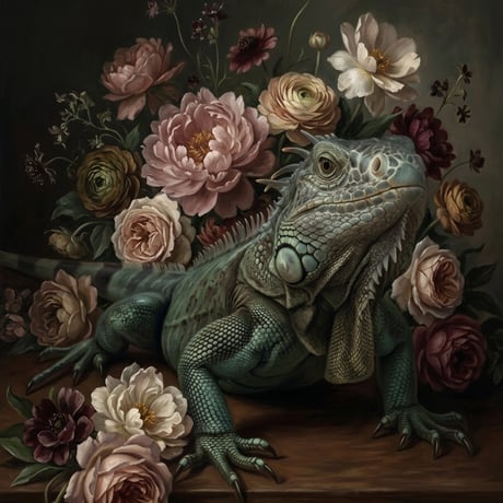 イグアナ（ブルーイグアナ）の花に囲まれた油絵風アート A3額装インテリア壁掛け