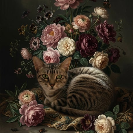 猫（アメリカンショートヘア）の花に囲まれた油絵風アート A3額装インテリア壁掛け