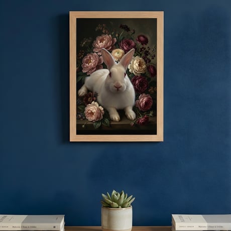 うさぎ（ニュージーランドホワイト）の花の油絵風アート A4額装インテリア壁掛け