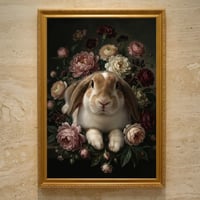 うさぎ（フレンチロップ）の花に囲まれた油絵風アート A3額装インテリア壁掛け