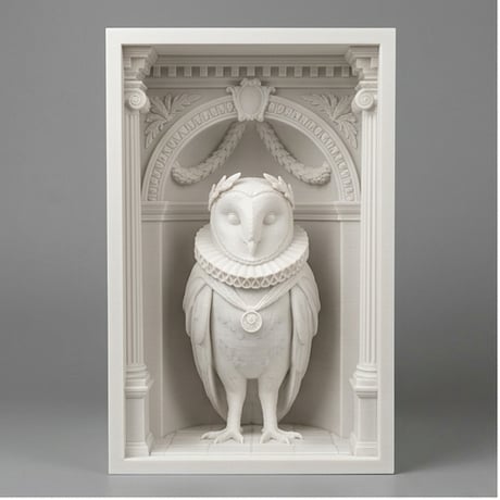 メンフクロウの3Dプリント ブックヌーク 白PLA 本棚インテリア