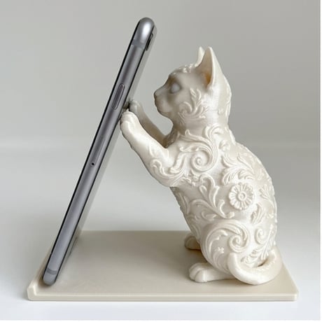 猫（マンチカン）のスマホスタンド 卓上 シルクホワイト