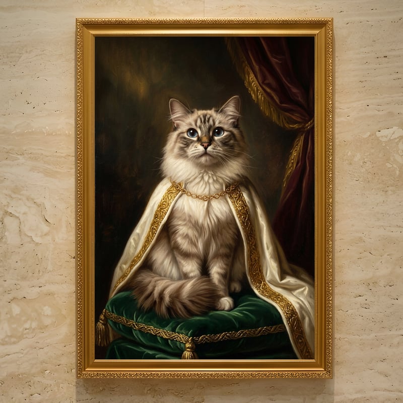 「ラグドール　イン　花畑」　猫、絵画 猫（ラグドール）のルネサンス風肖像画 油絵風アートA3額装インテリア