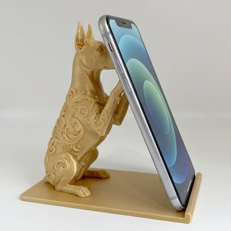 犬（ドーベルマン）のスマホスタンド 卓上 シルクゴールド