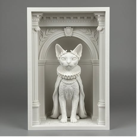 猫（デボンレックス）の3Dプリント ブックヌーク 白PLA 本棚インテリア