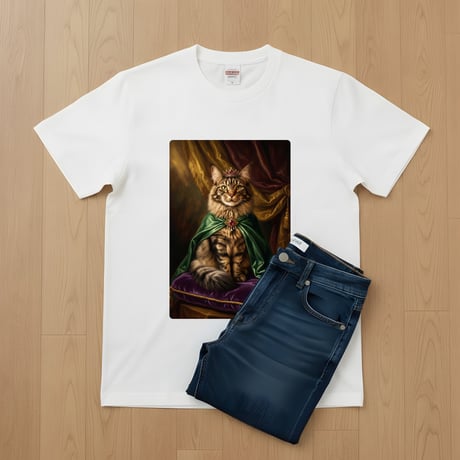 猫（メインクーン）半袖Tシャツ ルネサンス風カラーアート ホワイト 男女兼用