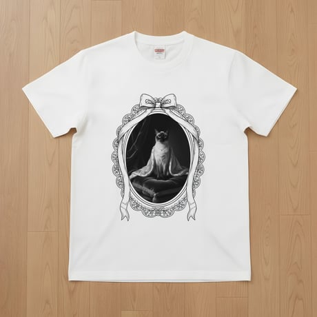 猫（バリニーズ）半袖Tシャツ ルネサンス風モノクロアート ホワイト 男女兼用