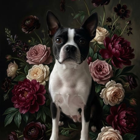 犬（ボストンテリア）の花に囲まれた油絵風アート A4額装インテリア壁掛け