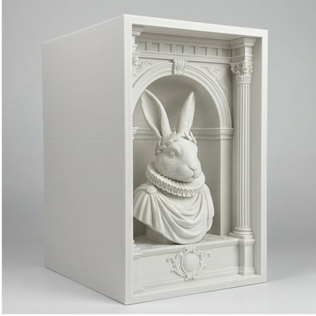 うさぎ（フレンチアンゴラ）の3Dプリント ブックヌーク 白PLA 本棚インテリア