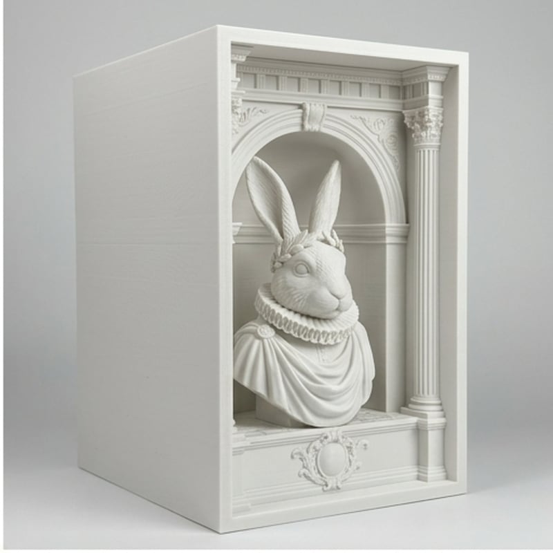 うさぎ（フレンチアンゴラ）の3Dプリント ブックヌーク 白PLA 本棚