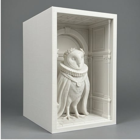メンフクロウの3Dプリント ブックヌーク 白PLA 本棚インテリア