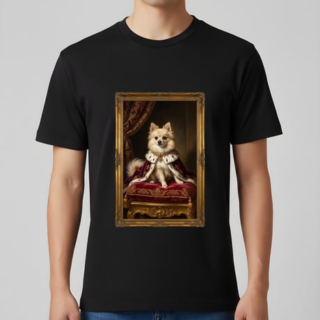 犬（ポメラニアン）半袖Tシャツ ルネサンス風カラーアート ブラック 男女兼用