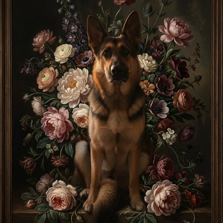犬（ジャーマンシェパード）の花に囲まれた油絵風アート A3額装インテリア壁掛け