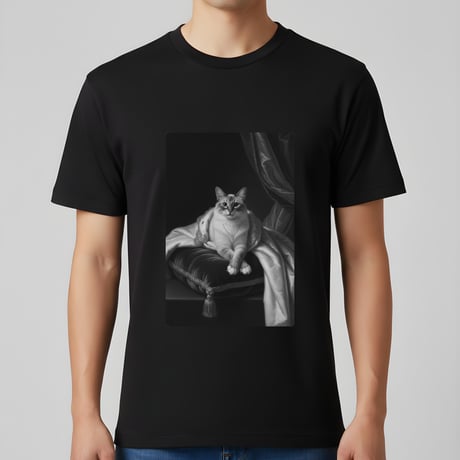 猫（バーマン）半袖Tシャツ ルネサンス風モノクロアート ブラック 男女兼用