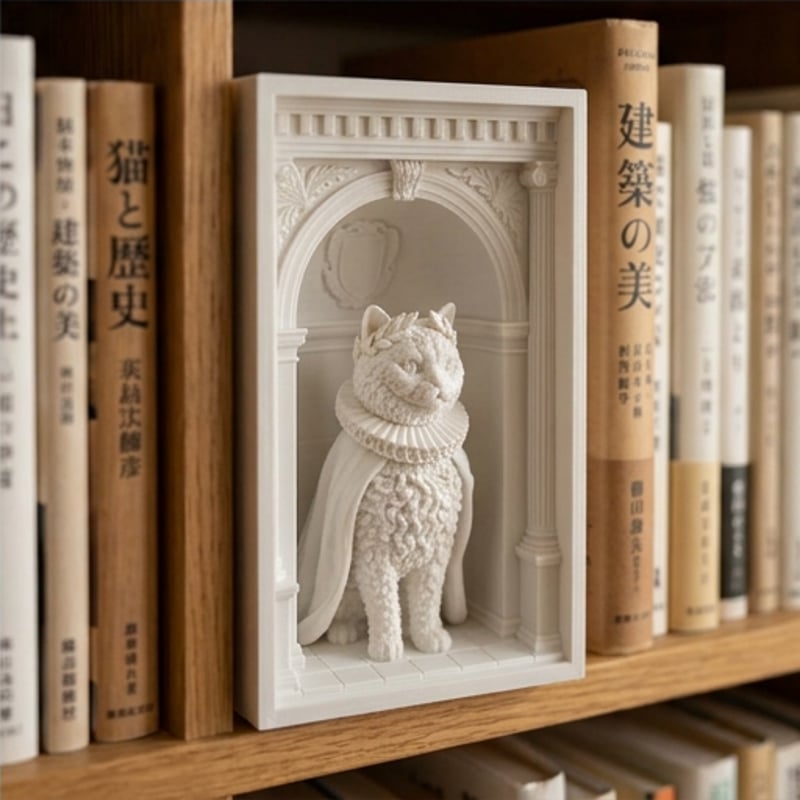 猫（セルカークレックス）の3Dプリント ブックヌーク 白PLA 本棚