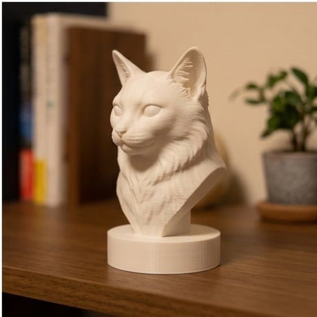 猫（ソマリ）の3Dプリント胸像 白PLA 彫刻 置物 インテリア