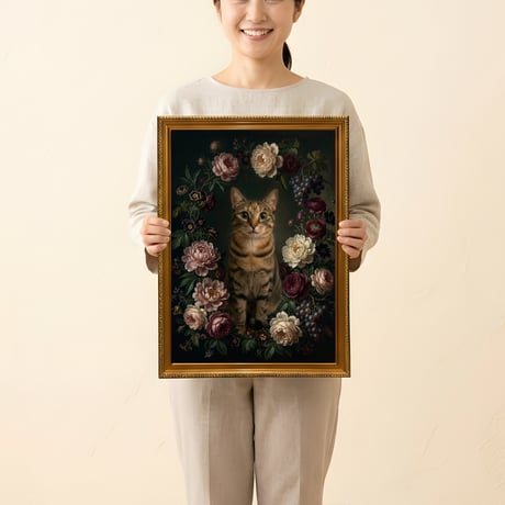 猫の花に囲まれた油絵風アート A3額装インテリア壁掛け