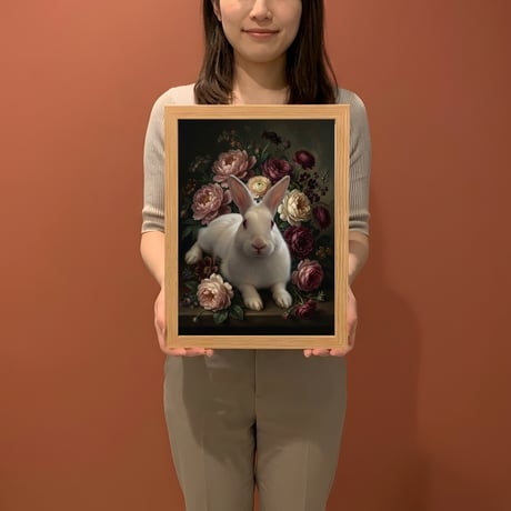 うさぎ（ニュージーランドホワイト）の花の油絵風アート A4額装インテリア壁掛け