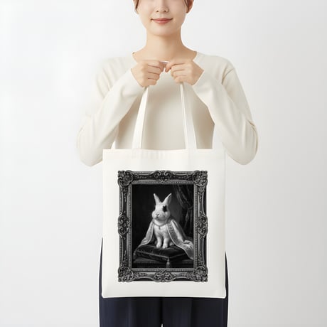 うさぎ（ドワーフホト）トートバッグ ルネサンス風モノクロアート 額縁デザイン